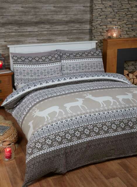 Fairisle Reindeer Pure Cotton Bed Cover Sheet Set Brown Natural Double 1