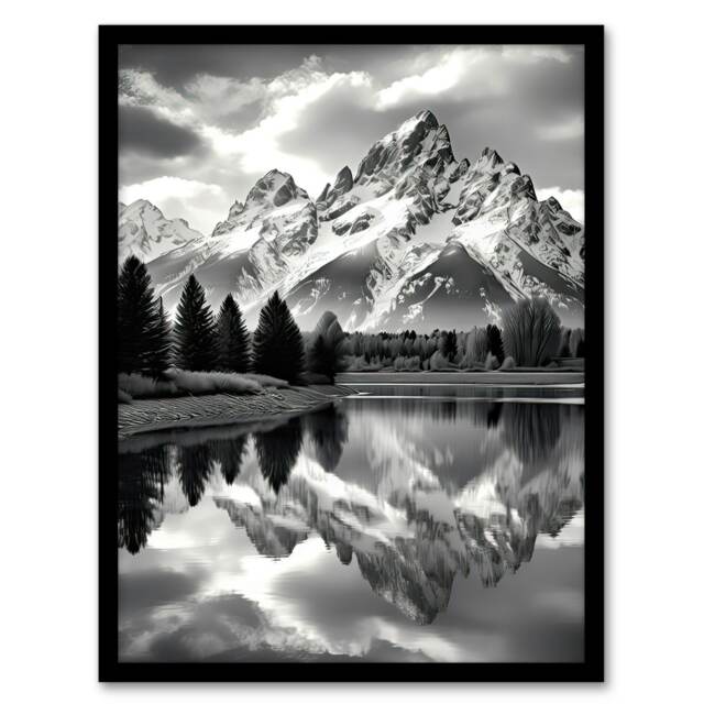 Grand Teton National Park Lake River Black White Photo Black Framed Wall Art Print A4