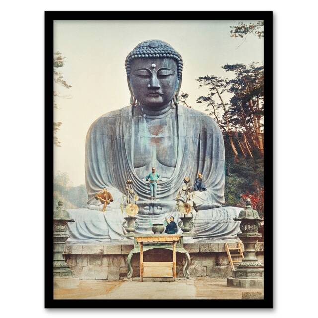"The Bronze Buddha at Kamakura Retro Japan Framed Wall Art Print Kazumasa 12x16"""