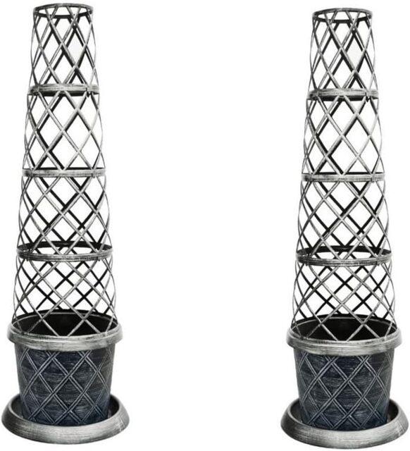 Tower Pot Garden Planter Trellis & Saucer Outdoors Black & Silver x 2 Black