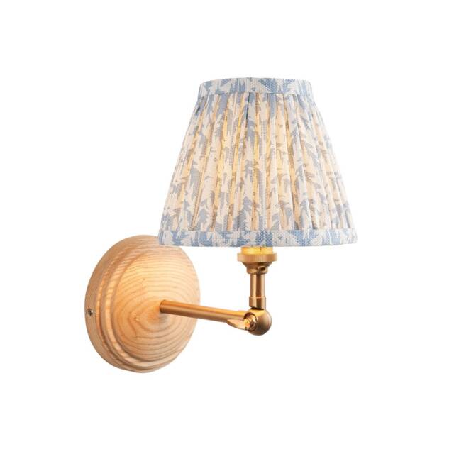 Wood Wing Ash Wood Wall Light with Shell Bay Blue Fabric Leaf Shade 16cm B22