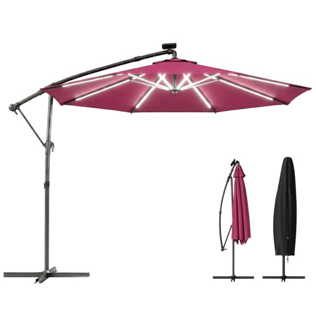 Outsunny 3 m Garden Cantilever Parasol with Solar Light, Rotation Red Wine Red 300 x 300 x 235 cm