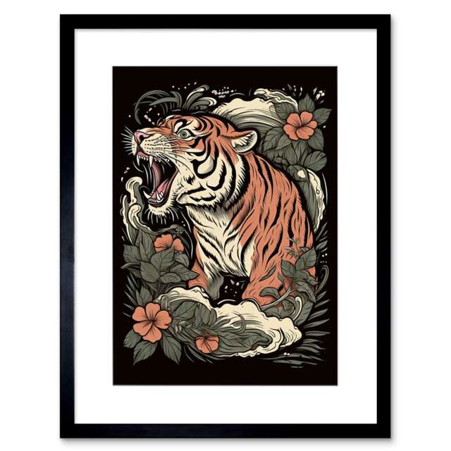 "Roaring Tiger Old School USA Tattoo Body Americana 50s 9x7"" Black Framed Wall Art Print"