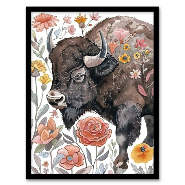Stylised Majestic Bison Buffalo in Spring Wildflowers Black Framed Wall Art Print A4