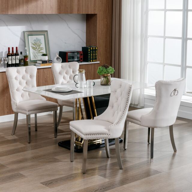 Winchester Set of 4 Upholstered Dining Chairs with Knocker Ring and Silver Legs