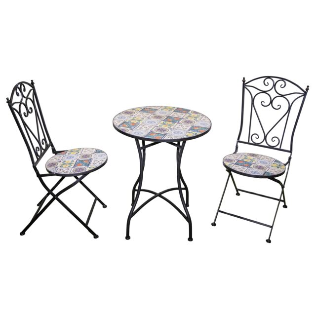Lisbon Mosaic Bistro Set Ceramic Outdoor Table and Two Folding Chairs for Patio Balcony Garden Dining
