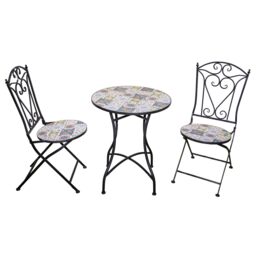 Lisbon Mosaic Bistro Set Ceramic Outdoor Table and Two Folding Chairs for Patio Balcony Garden Dining