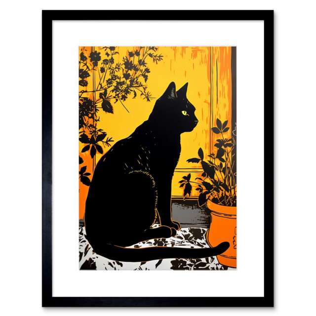 "Black Cat by Potted Plants Mediterranean 9x7"" Black Framed Wall Art Print"
