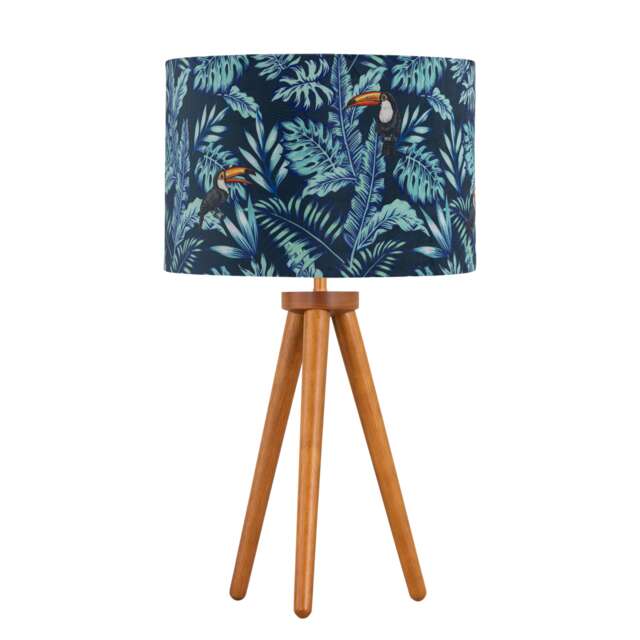 Voyage - Dark Oak Table Lamp or Bedside Light with Toucan Velvet Shade Brown Multi Large 1