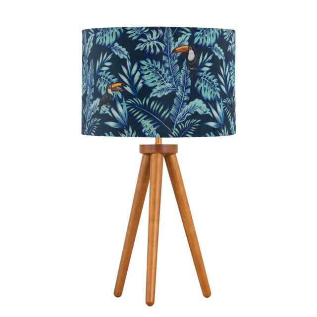 Voyage - Dark Oak Table Lamp or Bedside Light with Toucan Velvet Shade Brown Multi Large 1