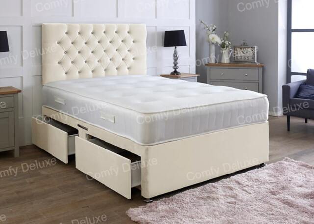 4ft6 Double Cream Plush Velvet Divan Bed With Headboard & Memory Sprung Mattress 2 Drawers Same Side