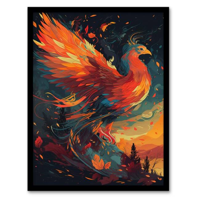 Majestic Phoenix Bird Spreading Wings Home Decor Black Framed Wall Art Print A4