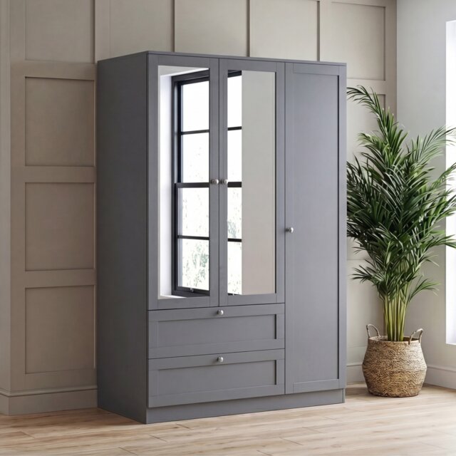 Vida Designs Altino Grey 3 Door 2 Drawer Mirrored Wardrobe with Hanging Rail - H: 170cm x W: 116cm x D: 53cm