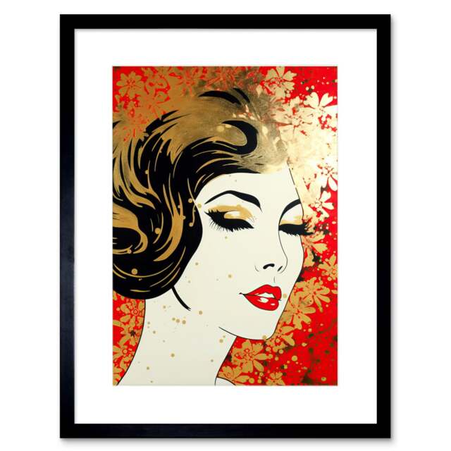 "Woman Face Retro Glam Aesthetic Gold Flower Pattern Red 9x7"" Black Framed Wall Art Print"