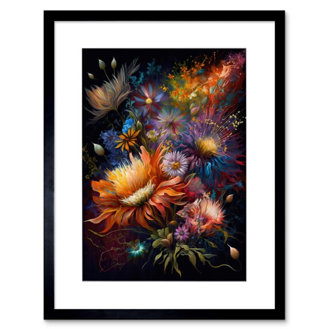 "Wildflower Bouquet Pink Blue Orange Floral 9x7"" Black Framed Wall Art Print"