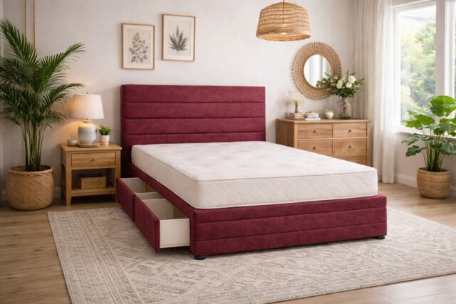 Divan Bed Set Headboard and Footboard with Mattress 2ft6 Small Single Maroon Suede Storage No Drawers