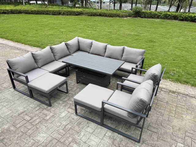 Fimous 11 Seater Aluminium Sofa Set 10 Pieces Outdoor Garden Furniture - Rising Dining Table with Cushions 2 Big Footstools 2 Chair Footstool Dark Grey