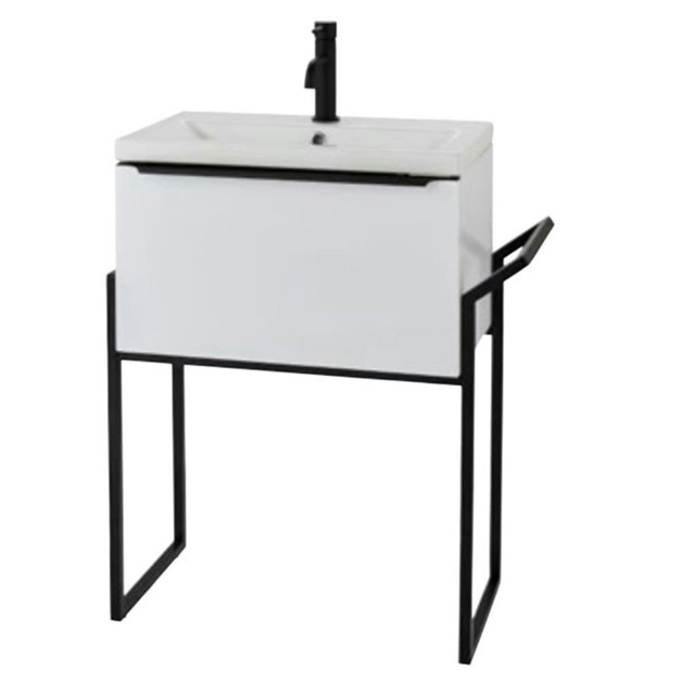 Bathroom 600mm Wall Mounted Drawer Unit, Ceramic Basin & Frame White Gloss - (Central) - Brassware Not Included White White 1