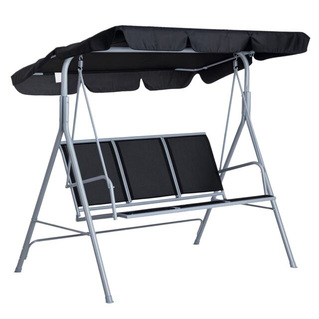 Outsunny Metal Swing Chair Garden Hammock 3 Seater Patio Bench w/ Canopy, Black Black Black