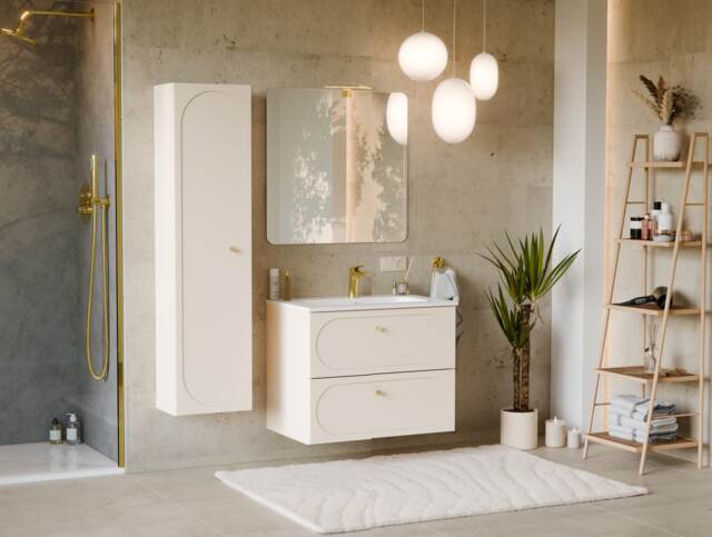 Bathroom Vanity Unit 600mm Cabinet with Sink Floating Milled Drawer Fronts Beige Gold Luxury Retro Donna