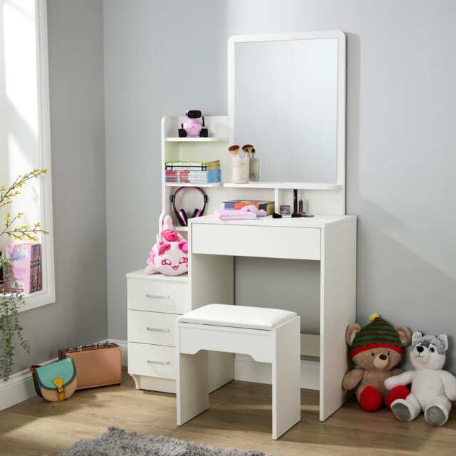 Arlo 4 Drawer Dressing Table Vanity Desk Mirror And Cushioned Stool