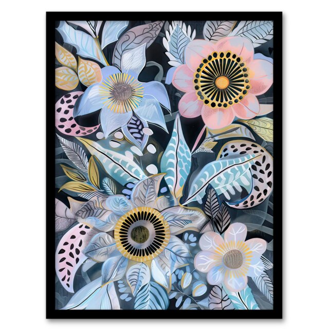Pastel Boho Flower Garden Bouquet Folk Art Black Framed Wall Art Print A4