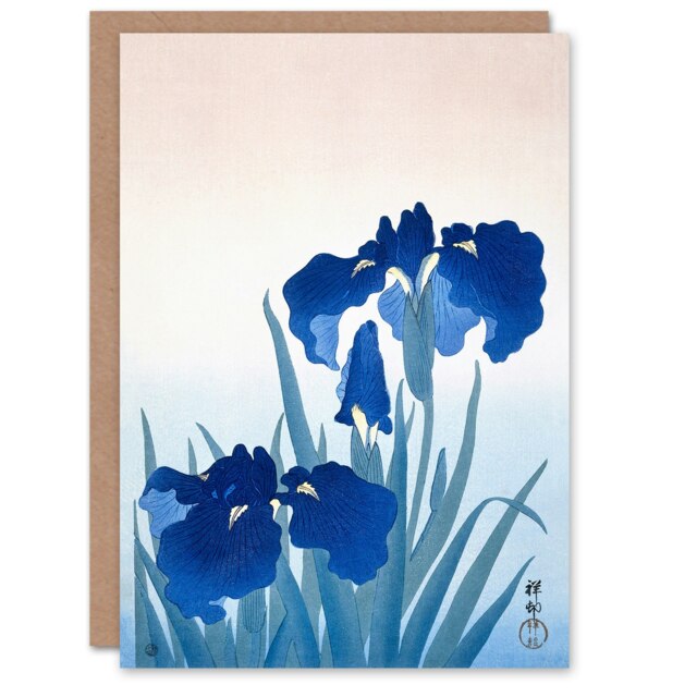 Ohara Koson Art Card Blue Iris Flowers Floral Japanese