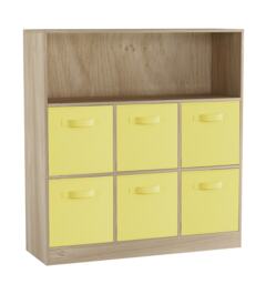Wide 7-Cube Bookcase With Drawers Brown Oak & Yellow 1