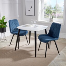 Aspen White 80cm Square Dining Table with 2 Upholstered Cord Fabric Diamond Stitch Chairs - Compact Modern Dining Set Blue White One Size 1
