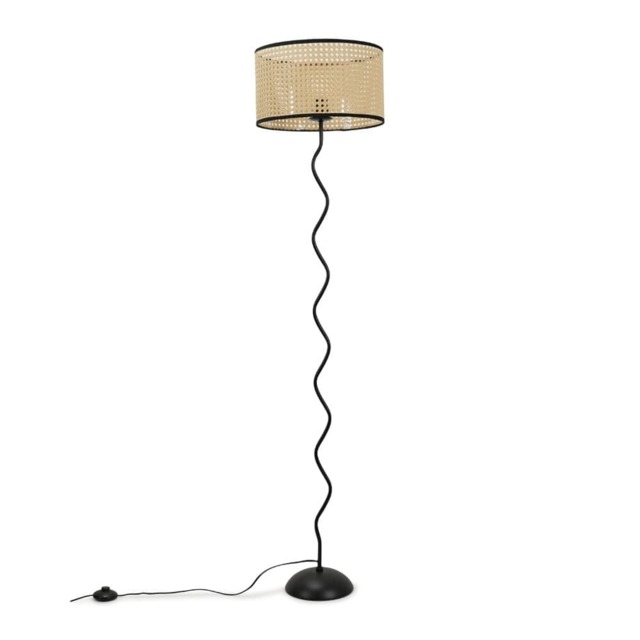 ValueLights Wiggle Black Metal Floor Lamp Wicker Black Trim Shade