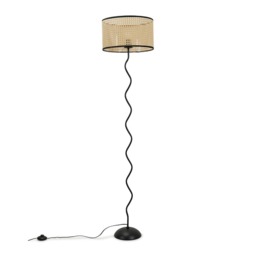 ValueLights Wiggle Black Metal Floor Lamp Wicker Black Trim Shade
