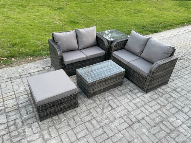 Fimous Outdoor Lounge Sofa Set Rattan Garden Furniture Set with Rectangular Coffee Table Big Footstool Side Table Dark Grey Mixed