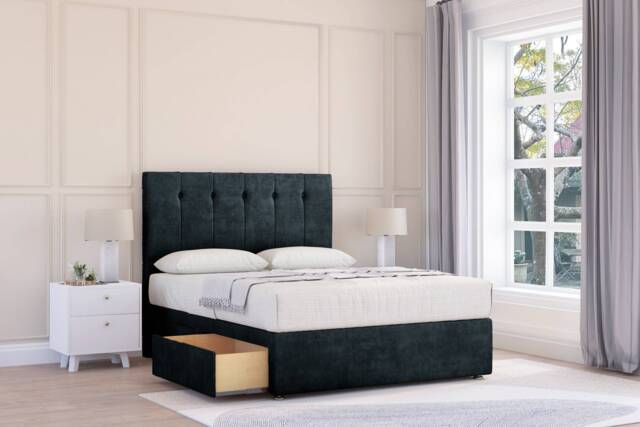 "Sloomy Highbury Black Naples Divan Bed With Mattress 2 Drawers Same Side With 54"" Floor Standing Headboard 4'6 Double Black Black Double 1"