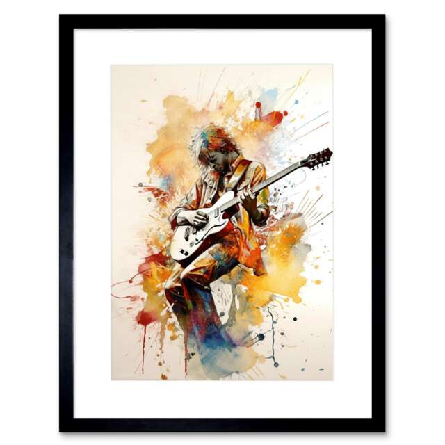 "Guitarist Musician Playing Solo Electric Guitar 9x7"" Black Framed Wall Art Print"