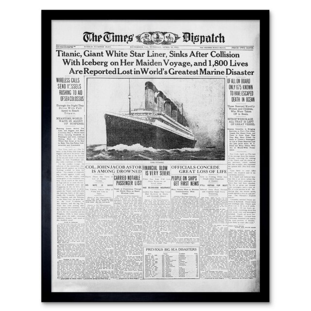 Newspaper Front Sheet Page Titanic Disaster 1912 Times Despatch Framed Wall Art Print