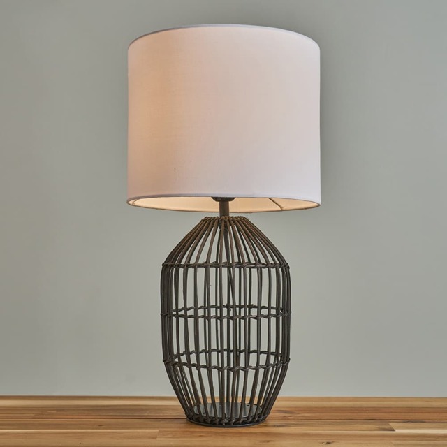 ValueLights Hollins Matte Black Rattan Table Lamp White Shade and Bulb