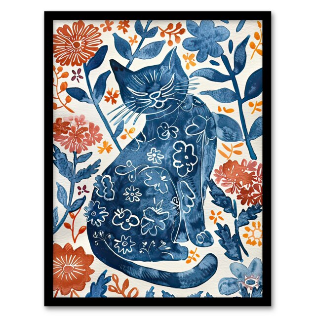 Cat Lover Blue Red Floral Japanese Style Pattern Black Framed Wall Art Print A4
