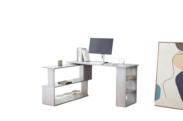 Grey Office Desk L-Shaped with Storage Shelves Wooden Room Furniture for Home, Study, and Office Black