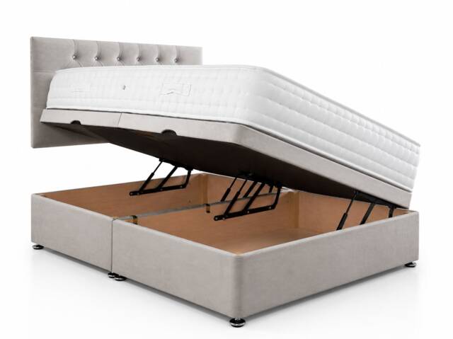 Side Lift 6ft Superking Silver Plush Ottoman Bed With Headboard and Mattress