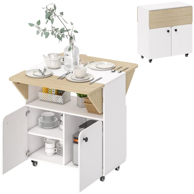 HOMCOM Folding Dining Table, Rolling Drop Leaf Table with Hidden Shelf White White and Natural Wood 70W x 83D x 75H cm