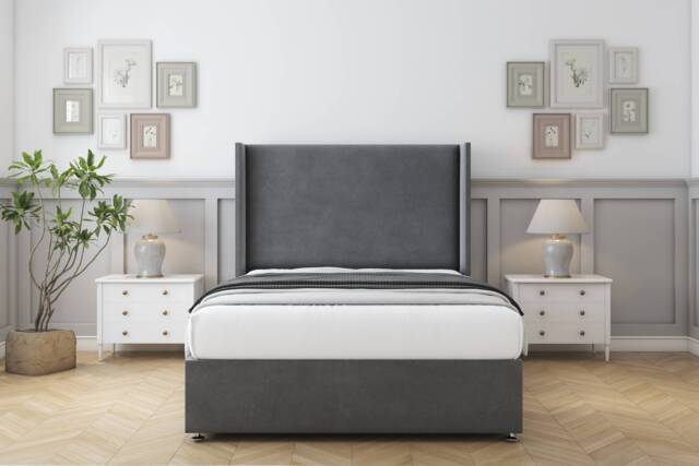 "Sloomy Devonshire Armour Coniston Divan Bed With Mattress 2 Drawers Footend With 54"" Wingback Headboard 5' King Grey Armour King 1"