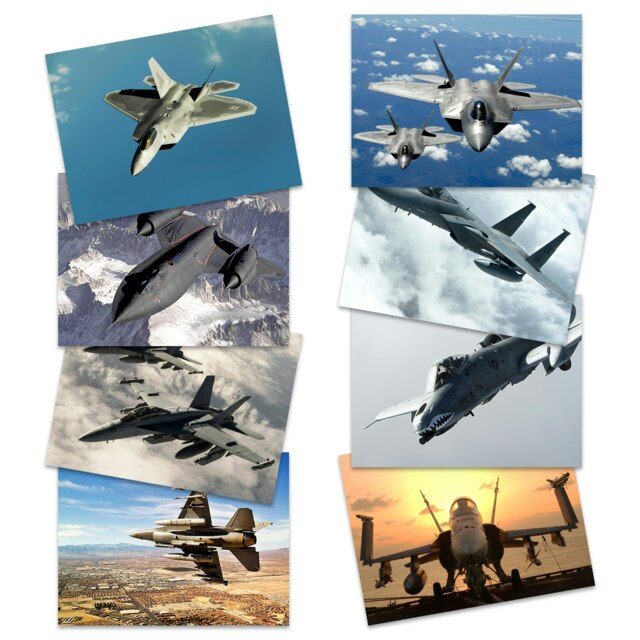 Pack of 8 Fighter Jets SR-71 Blackbird F-15 Eagle F-16 Falcon F-18 Hornet F-22 Raptor Wall Art Posters 12x16 Inch