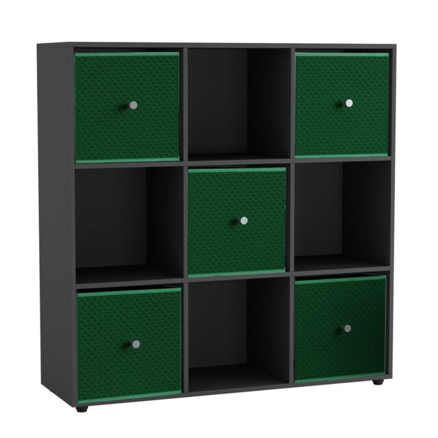 9 Cube Wooden Bookcase Shelving Unit with 5 Collapsible Fabric Drawers Multi Black & Green 1