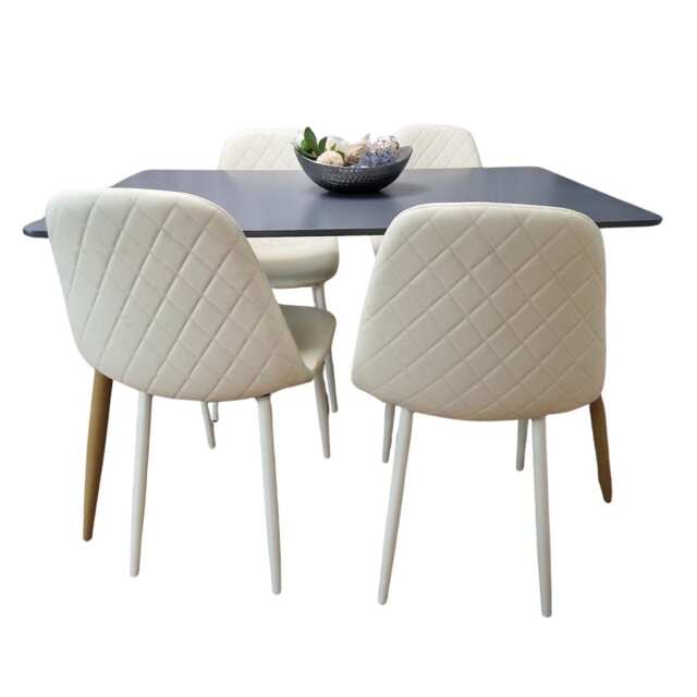 Wooden Rectangle Dining Table Set Grey Table with 4 Cream Gem Patterned Chairs
