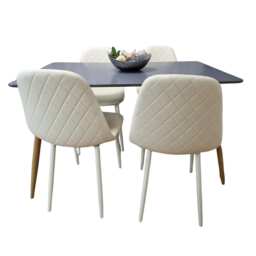 Wooden Rectangle Dining Table Set Grey Table with 4 Cream Gem Patterned Chairs