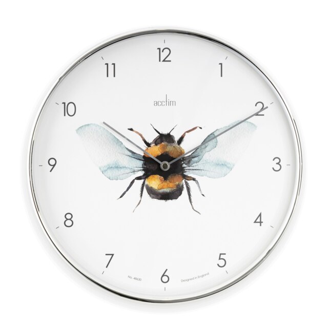 Acctim Bee Wall Clock Quartz Chrome Effect Foil Embossed Arabic Dial 30cm Chrome White One Size
