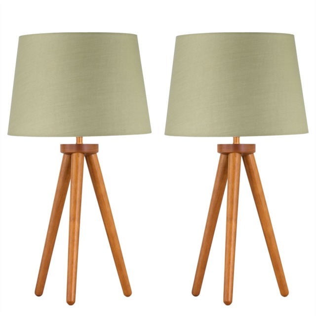 Set of 2 Dark Oak Table Lamp or Bedside Lights with Sage Green Shades Brown Green Large 2