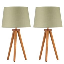 Set of 2 Dark Oak Table Lamp or Bedside Lights with Sage Green Shades Brown Green Large 2