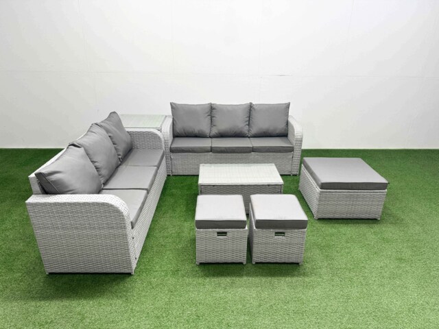 Fimous Outdoor Garden Furniture Sets 9 Seater Wicker Rattan Furniture Sofa Sets with Rectangular Coffee Table high Back Lounge Sofa 3 Stools Side Table Light Grey