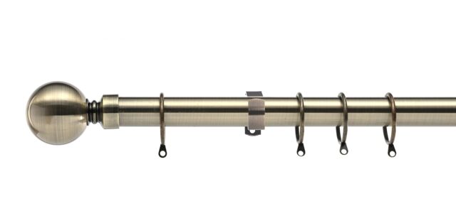 Lister Cartwright 28mm Antique Brass Fixed Metal Curtain Pole Set Rings with Ball Finial Easy fit (150 cm)